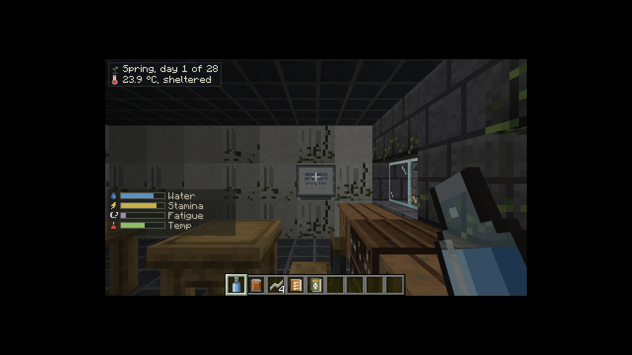 A classroom scene with desks and a wall-mounted whiteboard.