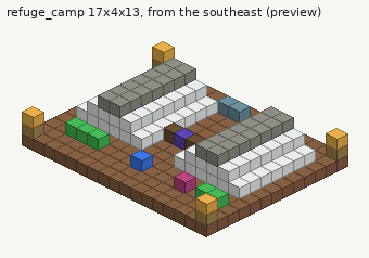 Isometric source-art preview of the small refuge camp, viewed from the southeast