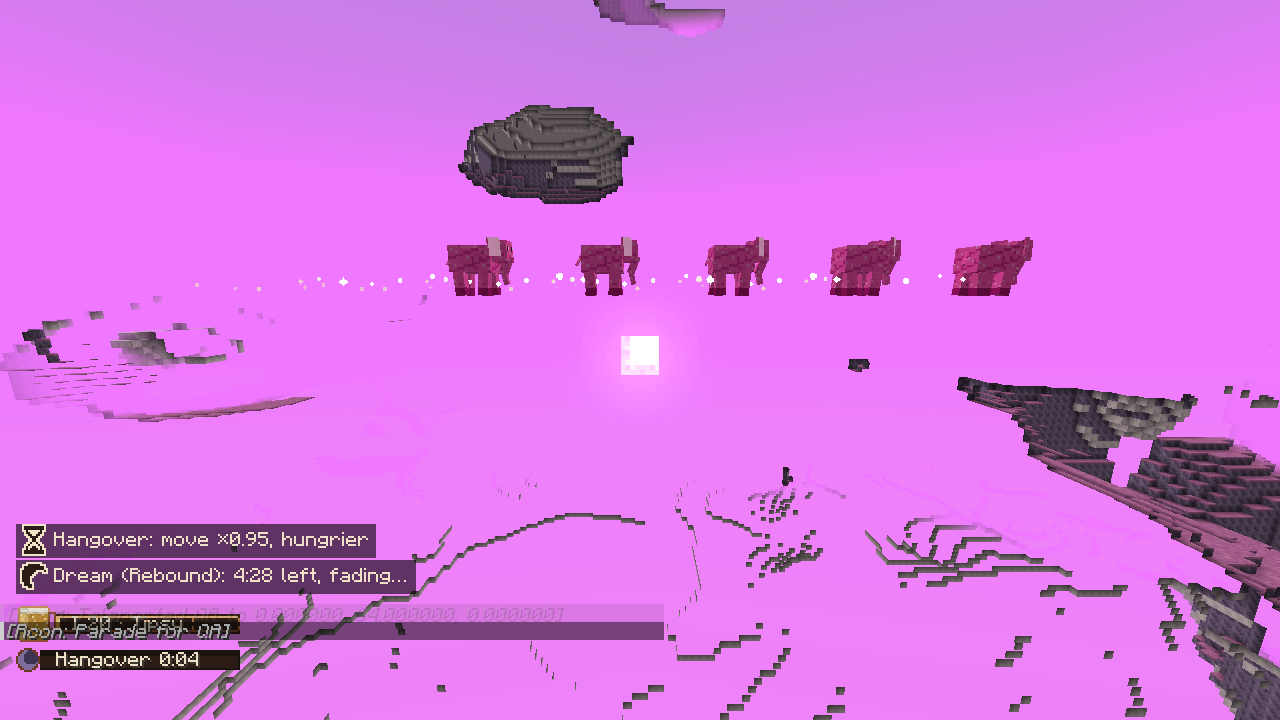 Historical project capture showing five pink elephants crossing the Brewdream near a floating cask.