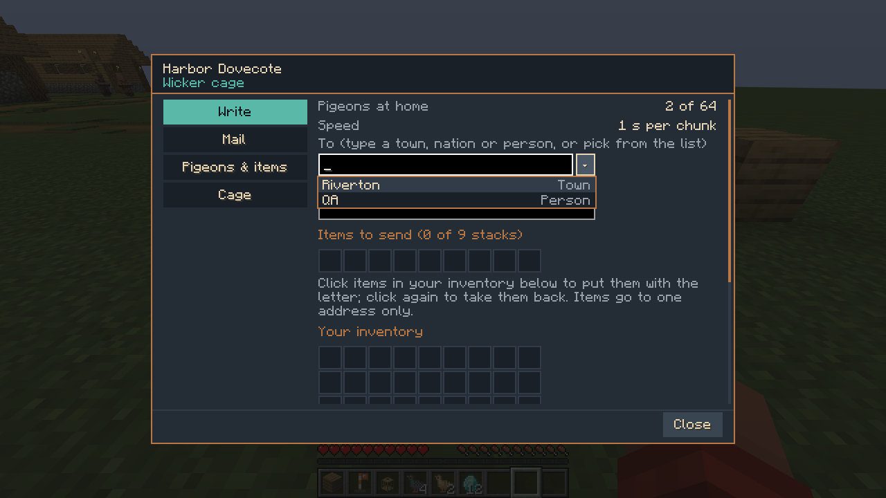 Historical pigeon-post address picker listing town and personal endpoints.